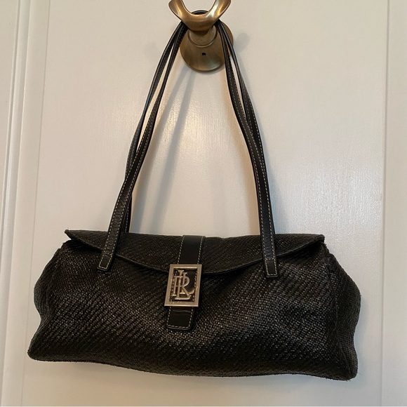 LAUREN RALPH LAUREN LRL BAG SATCHEL SHOULDER 2 STRAP FLAP BLACK FABRIC LEATHER - Picture 1 of 14